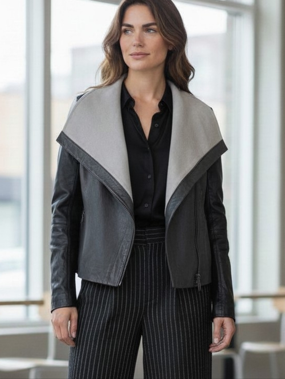 NWOT VINCE Lambskin Leather Black & Grey Colorblock Asymmetric Zip Jacket Small